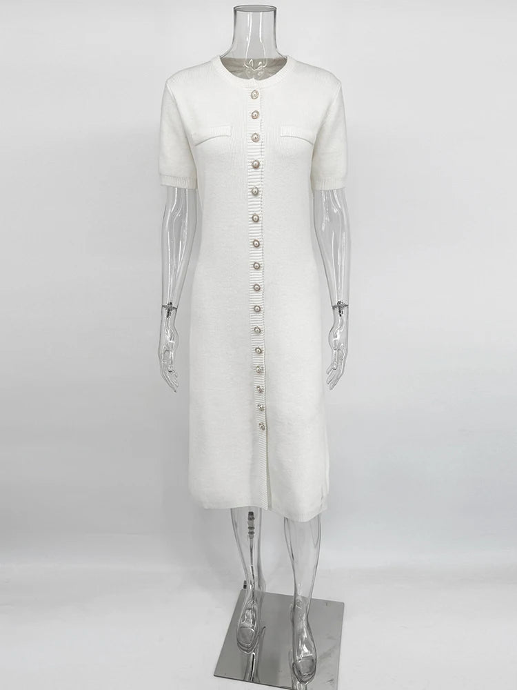 TARUXY White Elegant Knit Maxi Dress For Women Short Sleeve Ribbed Slim High Waist Cardigan Dress Female Knit Dress 2025 Summer - T&NLIFESTYLE TARUXY White Elegant Knit Maxi Dress For Women Short Sleeve Ribbed Slim High Waist Cardigan Dress Female Knit Dress 2025 Summer